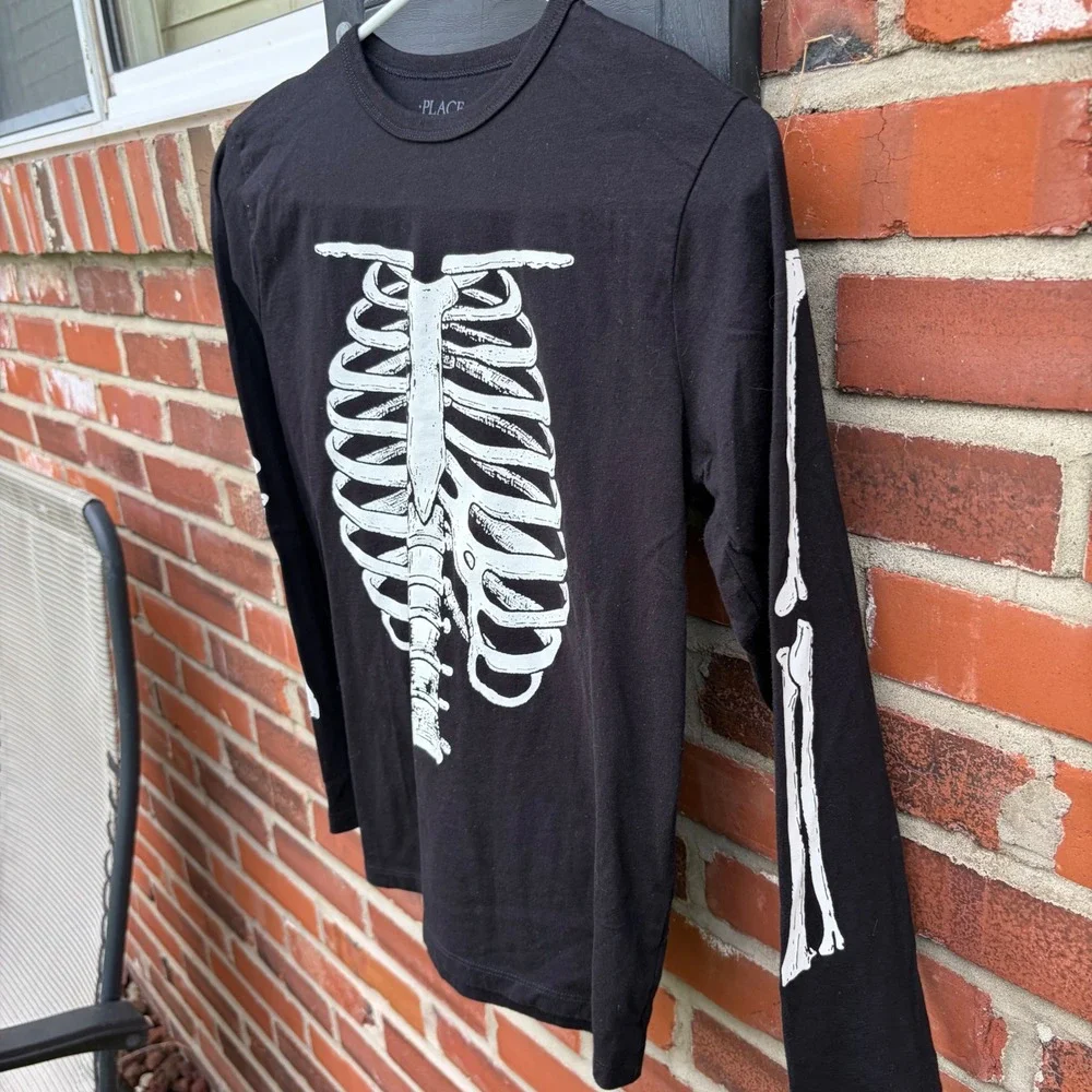 The Children's Place Boys Black Skeleton Graphic Long Sleeve Shirt Size L 10/12